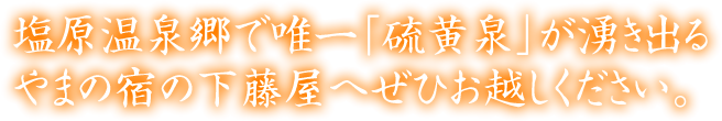 塩原温泉郷で唯一「硫黄泉」が湧き出る
やまの宿の下藤屋へぜひお越しください。